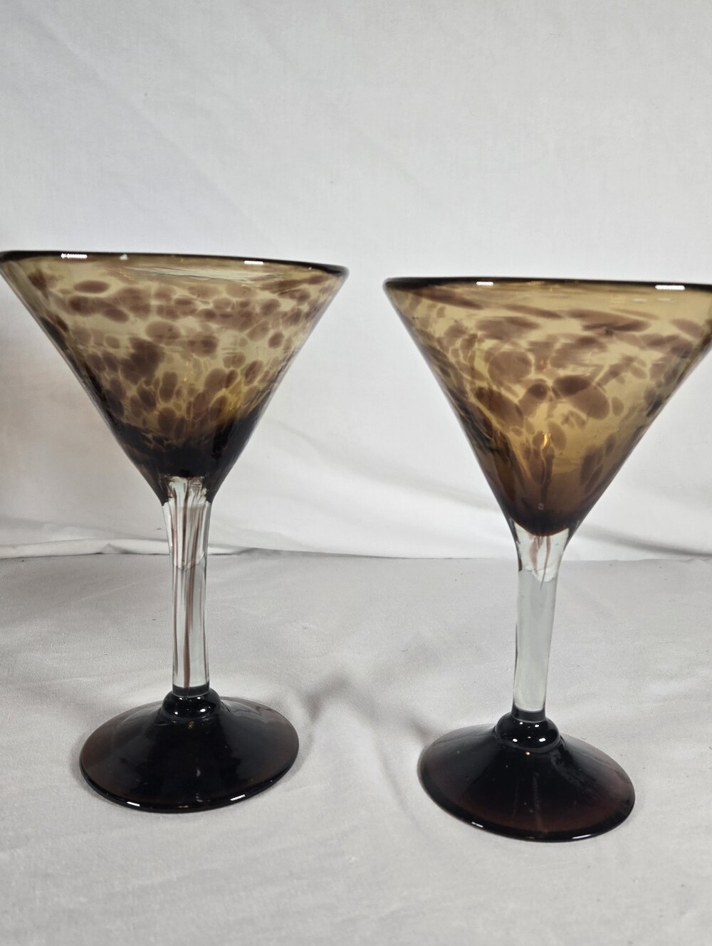 Vintage Amber Tortoiseshell Handblown Glass Martini Cocktail Glasses Set Of 2
